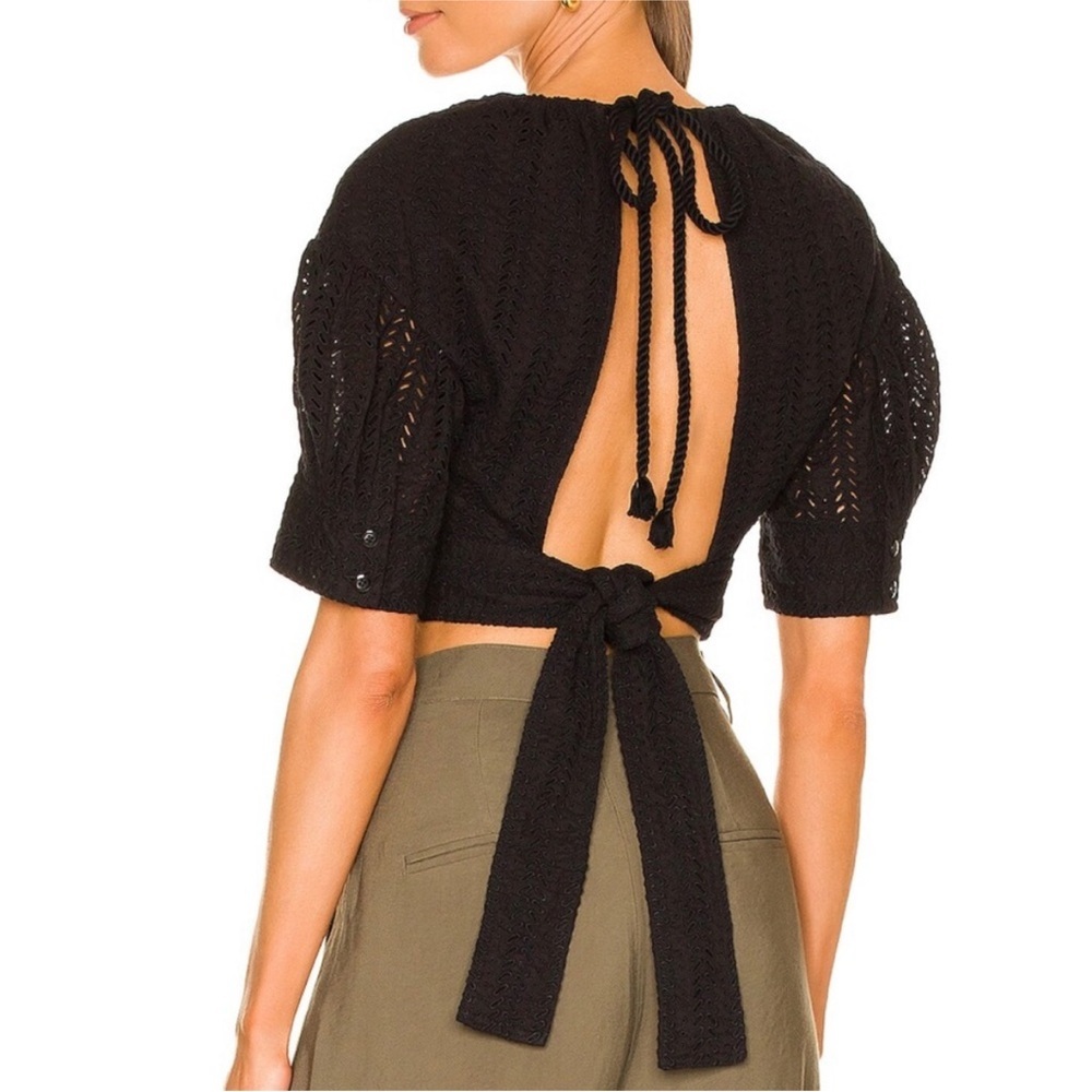 ALC Becca Eyelet Puff Sleeve Black Cut Out Back Crop Top 0 - Picture 2 of 6